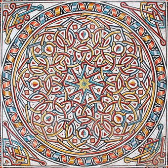 <p style="font-family: Lato, sans-serif; font-size: 16px;">A ribbon band echoes the more complex band around the hall&rsquo;s central mosaic; the panel&rsquo;s central, eight-pointed star with surrounding chevrons presages wood and tile patterns of later Islamic designs.</p>
