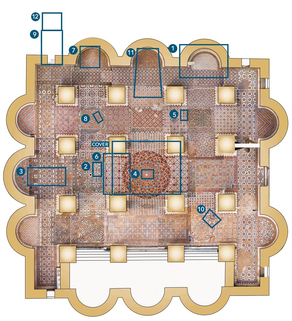 <p>This composite floor plan offers a visual guide to the largest preserved mosaic floor from the ancient world: The early eighth-century mosaics of the audience hall at Khirbat al-Mafjar near Jericho, Palestine. Beginning with number 1 for January, each numbered box shows the location of the photograph for its corresponding Gregorian month.</p>
