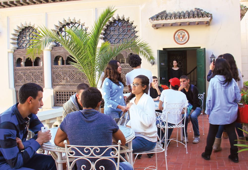 <p>Moroccan students on a field trip relax on the terrace of the Tangier American Legation Institute for Moroccan Studies, or&nbsp;<span class="smallcaps">talim</span>. A gift to the&nbsp;<span class="smallcaps">us</span>&nbsp;in 1821 from Sultan Mulay Suleiman, the &ldquo;embassy without an ambassador&rdquo; &mdash;the American Legation, Tangier&mdash;became a gathering place for diplomats, business leaders and writers. In the late 1990s, it refocused its mission on education.</p>