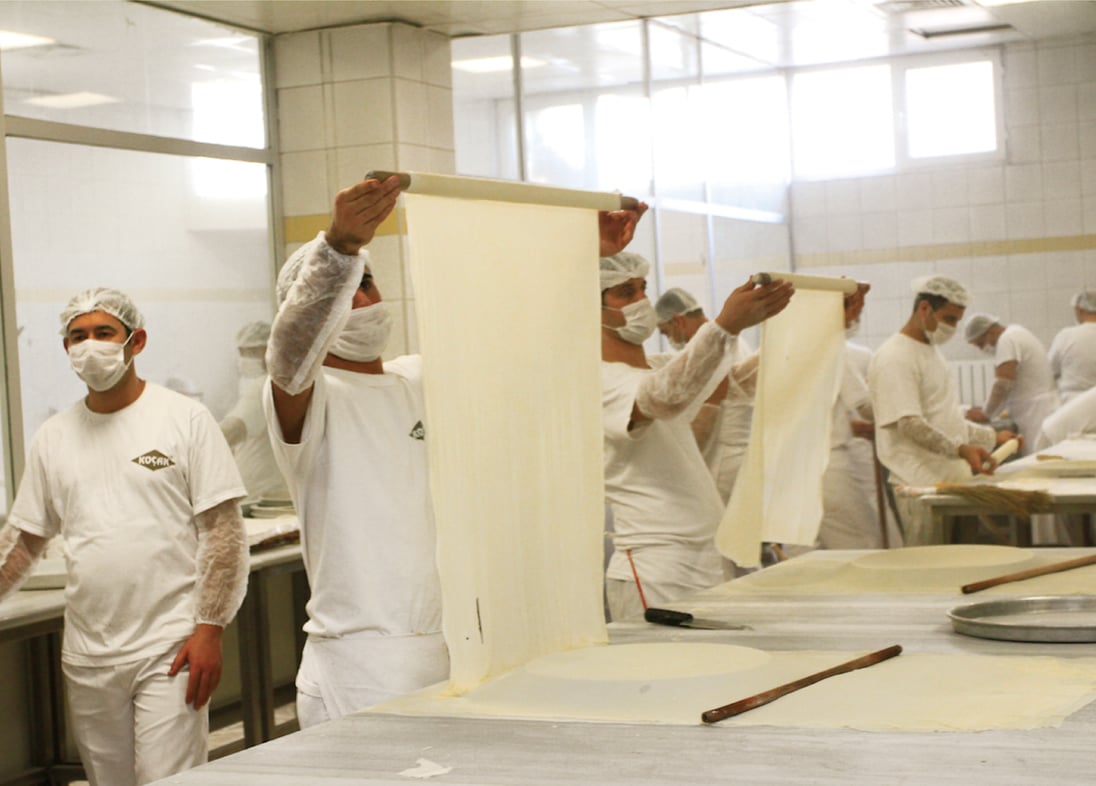 At Koçak Baklava as in the city&#39;s many other baklava kitchens, chefs roll filo dough so thin you can read a newspaper through it. This is craftsmanship, says Burhan Çaǧdaş. &quot;The chef who makes and rolls out the dough cannot talk. He cannot think about anything other than baklava. He must be fit. He is only allowed to roll out the dough until the age of 35. Baklava chefs are like football players!&rdquo;