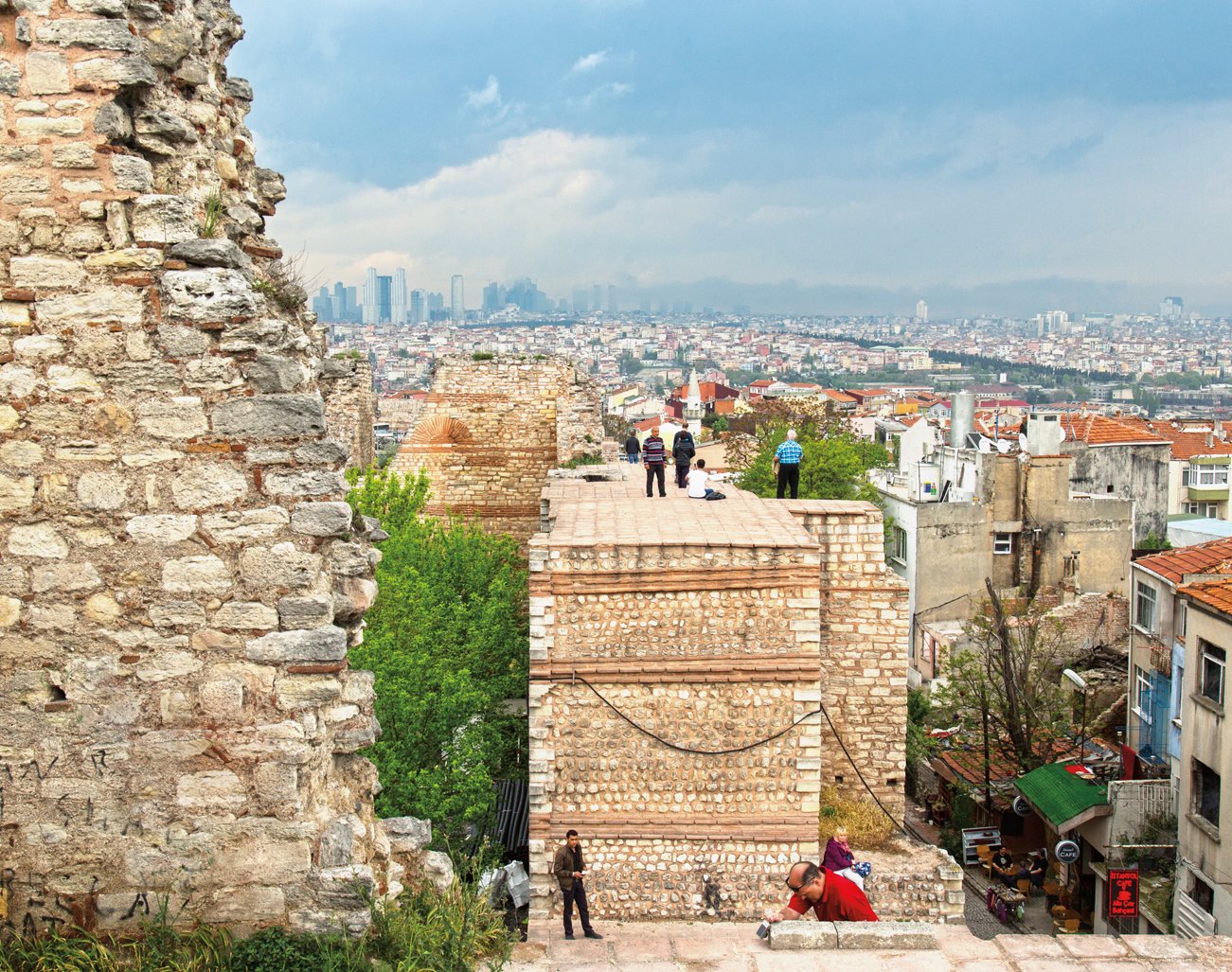 <p>In the east, the road ended&mdash;or began, westward&mdash;in Istanbul, where the road passed through the city&#39;s walls, <em>above</em>, at a place called Porta Aurea, or Golden Gate. The section of wall above is in the area of Yedikule, Turkish for seven towers.</p>
