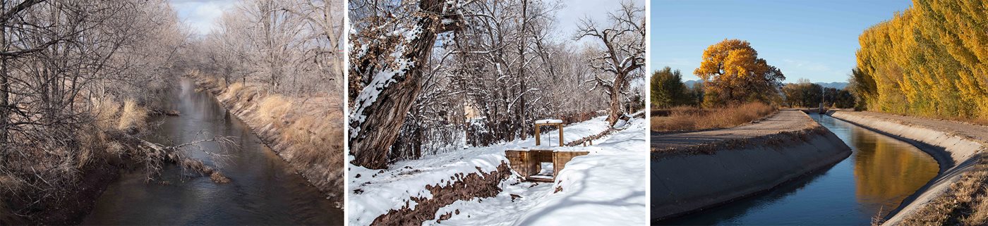 Through the seasons, a selection of&nbsp; <em>acequias in </em>New Mexico. The&nbsp;gravity-ﬂowing&nbsp;irrigation ditches evolved over 10,000 years from the arid regions of the Middle East.