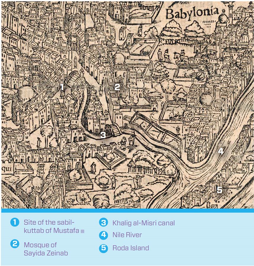 This detail from Sebastian Münster&rsquo;s 17th-century map of Cairo is based on an original drawn in 1549, 210 years before the sabil-kuttab of Mustafa III was built. Nevertheless, the landmark&rsquo;s future location can be determined clearly.