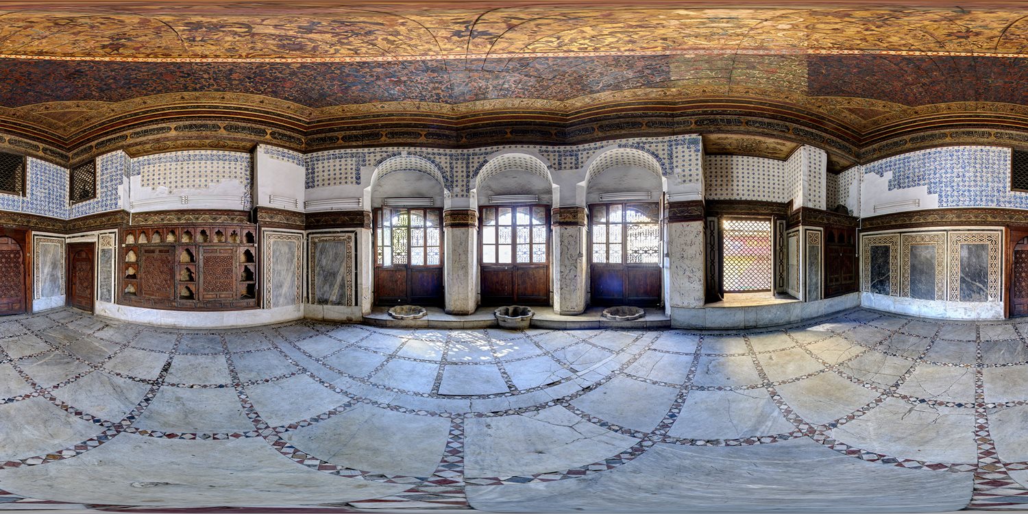 A 360-degree image is flattened to show the floor-to-ceiling intricate detail in the sabil-kuttab.