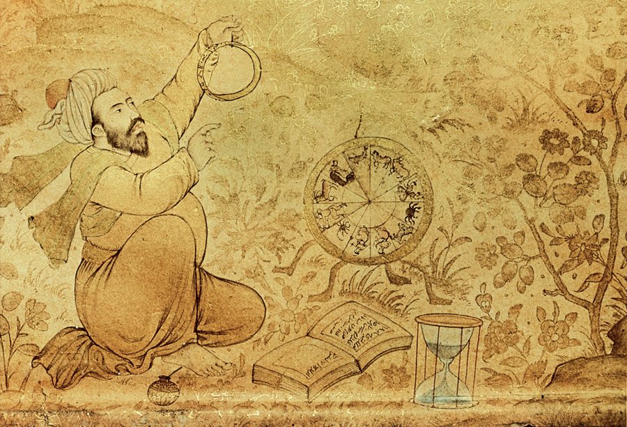 <p>An early 17th-century Mughal drawing shows an astrologer with an astrolabe, zodiac tables and hourglass.</p>
