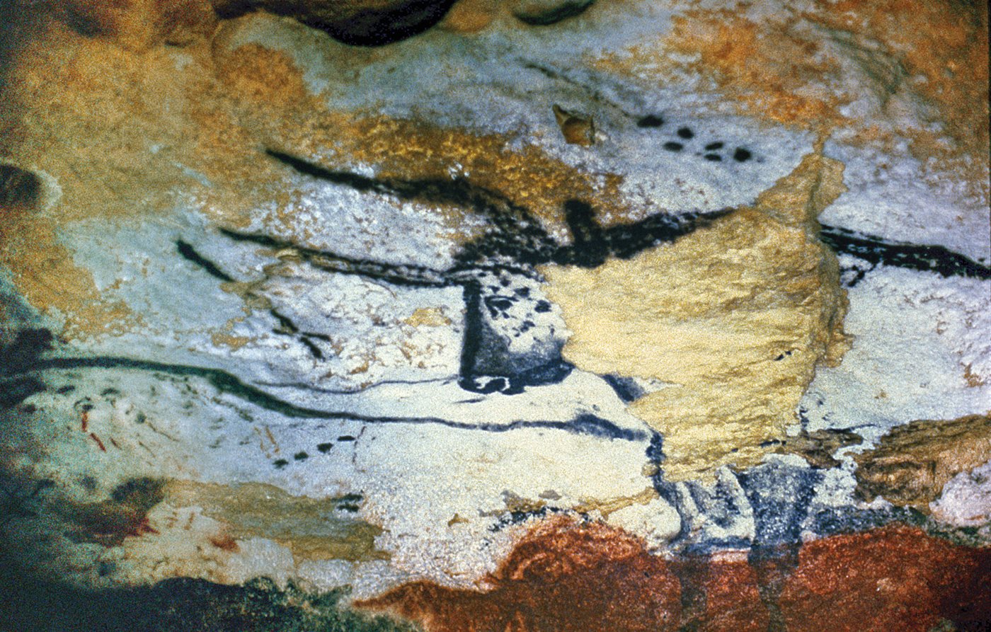 <p>The pattern of dots above the painting of the bull&rsquo;s head resembles the arrangement of stars in either the Pleiades or Taurus (the Bull), and four more dots below the bull could also be stars. This painting appears among others in the caves near Lascaux, in southwest France, and it is some 17,000 years old. The depiction of the bull itself reinforces the interpretation that this painting may be an early zodiacal representation. If so, it then hints that some zodiac signs may long predate the Babylonian zodiac and may have been shared across great distances.</p>
