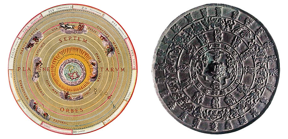 <p>From left: This planisphere, drawn by Andreas Cellarius in 1660, depicts the solar system and zodiac in the style first promulgated by Greco-Roman astronomer and geographer Claudius Ptolemy; a Korean zodiac dates from the Koryo Dynasty period, 1100&ndash;1300 <span class="smallcaps">ce</span>.</p>
