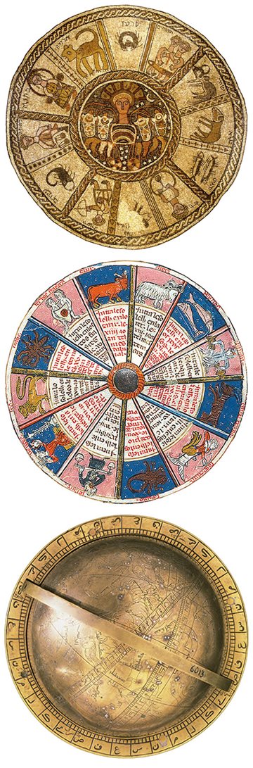 <p>From top: In Aleppo, Syria, a mosaic floor of a sixth-century synagogue shows the zodiac centered around a Hellenistic sun god; a 14th-century <span class="smallcaps">ce</span> miniature zodiac wheel from southern France; and the oldest known Islamic celestial globe, from the 13th century, which provided a 3-D model of the universe, complete with constellations, both of the zodiac and others.</p>
