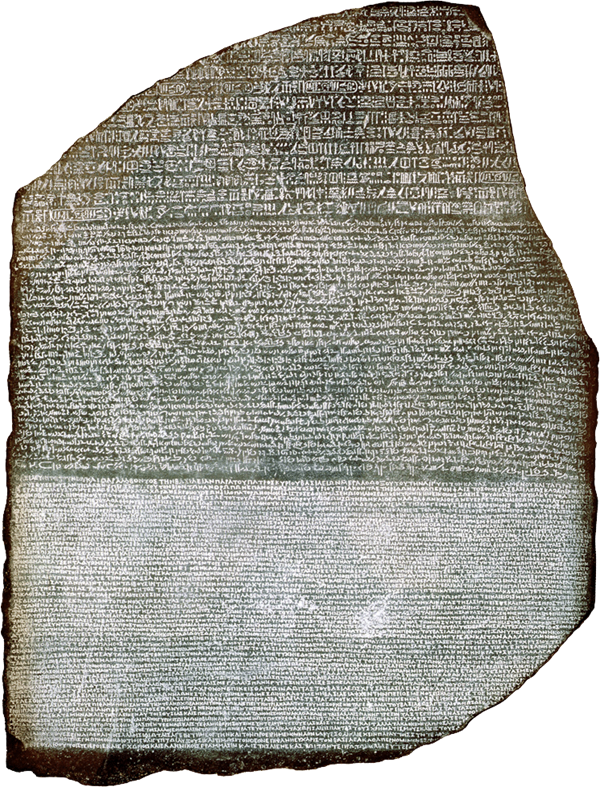 Discovered in the Nile Delta in the late 18th century near the town of Rosetta, &ldquo;The Rosetta Stone,&rdquo; above, is inscribed with a decree issued in the third century <span class="smallcaps">bce</span> by Egyptian ruler Ptolemy <span class="smallcaps">v</span>. It is written in three scripts: hieroglyphics appear at the top; Demotic in the middle; and Old Greek at the bottom. This allowed French Egyptologist and philologist Jean-François Champollion, depicted below left in an 1831 portrait, to correlate hieroglyphs with the same text in two known languages.
