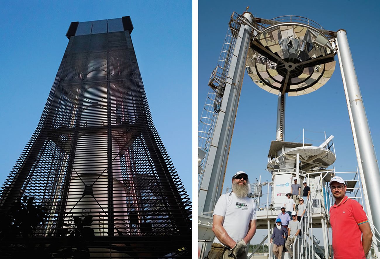 <p><i>Left:</i> A 45-meter high harvester of the wind, Masdar City’s tallest structure is a modern version of the region’s traditional <i>barjeel</i>, or wind tower. Using a Teflon<sup>TM</sup>-coated tube, it channels breezes to ground level. <i>Right: </i>Professor Alexander Slocum and Solar Platform Chair Nicolas Calvet flank their research colleagues at Masdar’s prototype solar Beam Down Tower. It uses focused sunlight from 33 mirrors to melt a thermal energy storage reservoir of four tons of salt, which can be used to drive steam turbines both during the day and at night.</p>