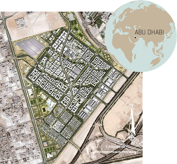 <p>Oriented to catch cooler winds from the desert and warmer ones from the water, Masdar&rsquo;s square plan&mdash;shown <i>above</i> as a projection of the planned city&mdash;includes home and commercial sectors, with shaded pedestrian corridors and metro and light-rail lines.&nbsp;</p>
