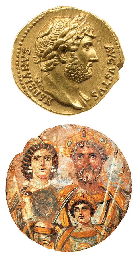 <p><i>Top:</i> Hadrian visited Britannia once, in 122 <span class="smallcaps">ce</span>.<br />
<i>Above</i>: In 208, Emperor Septimius Severus traveled to Britannia with his wife, Julia Domna, of Emesa, now Homs, Syria. He remained there until his death in 211 in York, England.</p>
