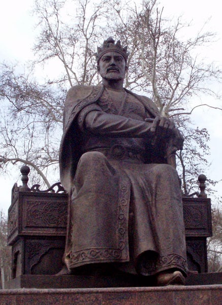 A statue of Timur, or Amir Timur, sits in central Samarkand, Uzbekistan. Timur built up a formidable army and an empire that encompassed much of Khwarezm, including Konye Urgench, where several revolts provoked him to level the city in 1388—a devastation from which it never fully recovered.