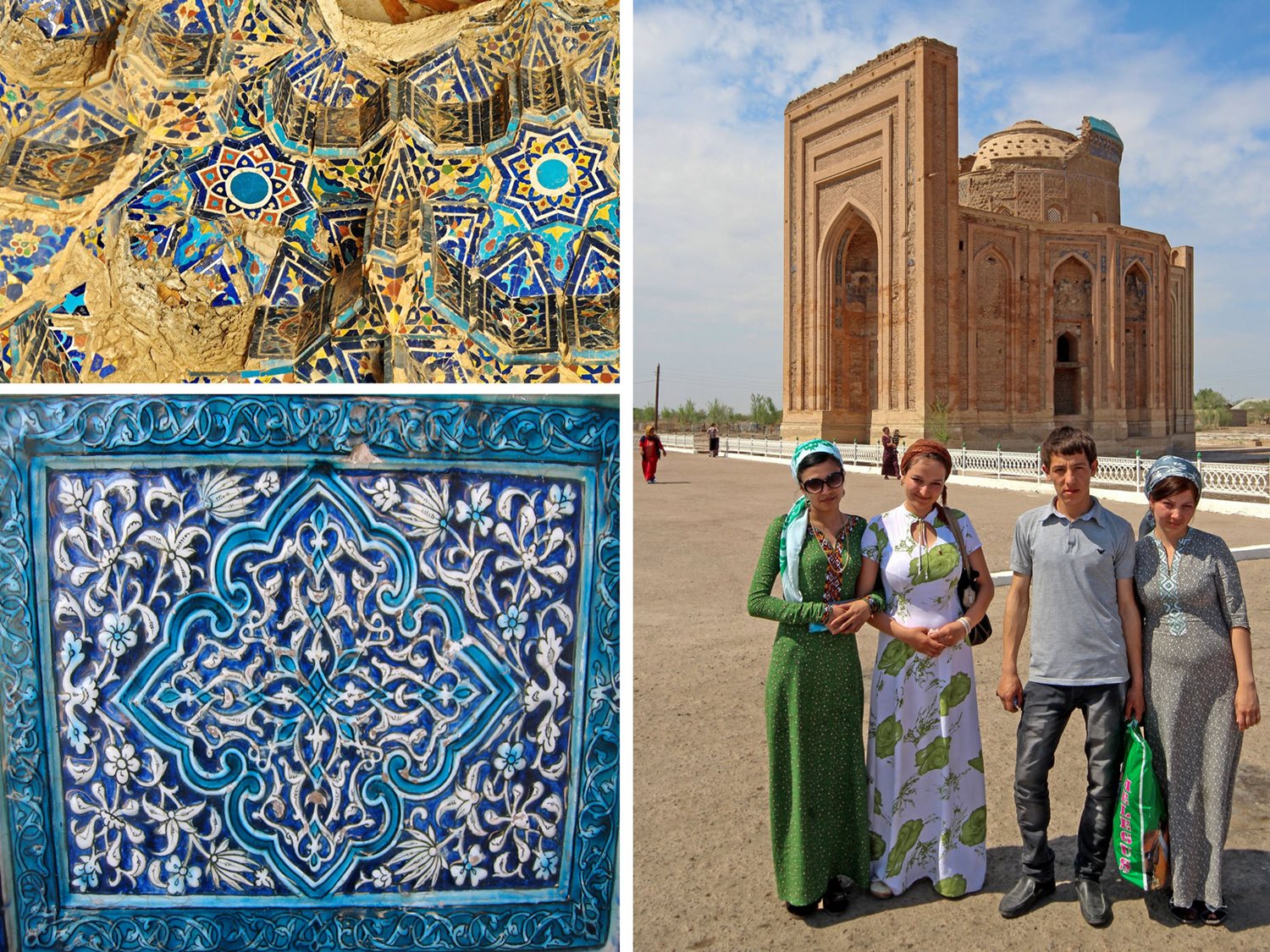 Right: At the Tura Beg Khanum memorial in Konye Urgench details the inside of the smaller of its two domes,&nbsp;<em>left top</em>,&nbsp;illuminate the artistic expertise that blossomed between the Mongol conquest and Timur&rsquo;s destruction.&nbsp; <em>Lower left</em>, at the memorial for Najm al-Din al-Kubra, a detail of a floral arabesque&nbsp;is glazed in shades of celestial blue. Konye Urgench, renowned for its crafsmanship and architecture, was often a source for design and workmanship for other parts of the Khwarezm oasis region.