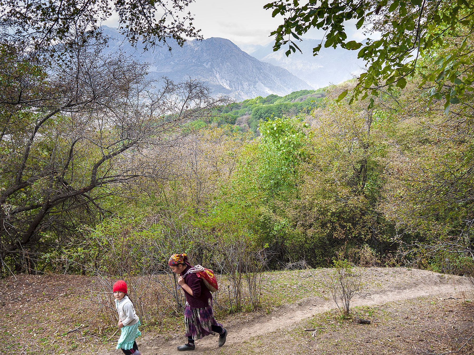 Millions of walnuts in the forest near Arslanbob are harvested each fall by families who spend several weeks at the task, including this mother and daughter.