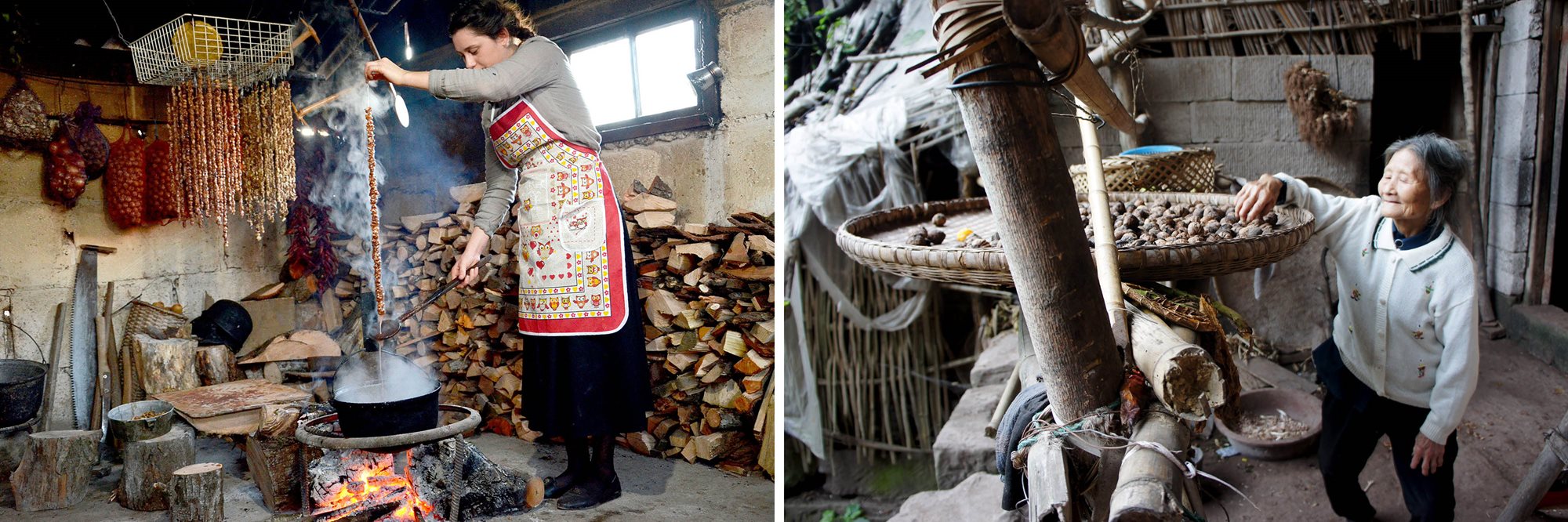 <em>LEFT</em>: In the village of Khypsta, Georgia, a woman makes churchkhela, a traditional Georgian sweet of threaded walnuts, hazelnuts and raisins dipped in fruit juices and dried The recent study shows that walnuts found in this area of Georgia are genetically similar to varieties in western China. <em>RIGHT</em>: outside her home near Nanchong city, in southwest China&rsquo;s Sichuan province, Eld Li Suying dries walnuts. It is here where, thousands of years ago, nomadic Indo-European and proto-Turkic tribes helped spread walnuts to eastern China and westward, across the deserts and mountains as far away as Turkey.