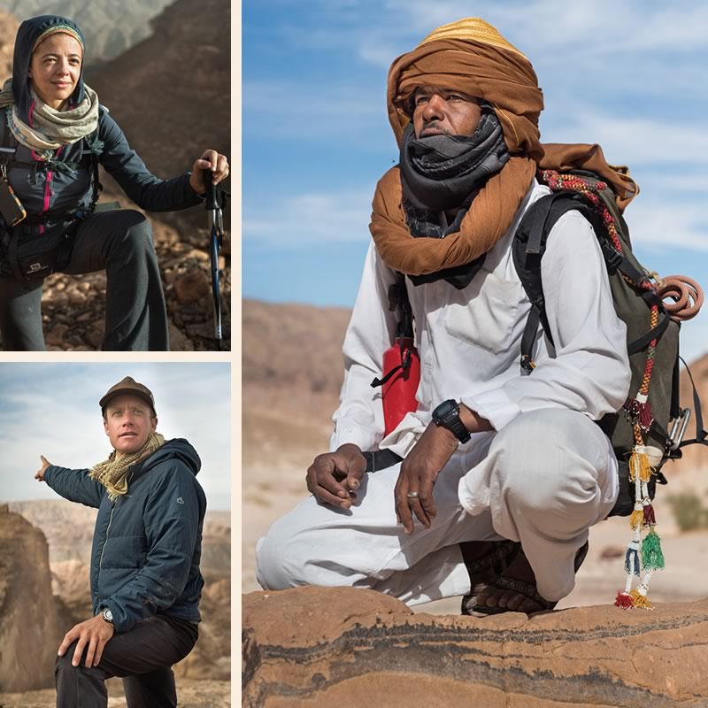 Trailblazers on the first international thru-hike of the Sinai Trail included, <i>top right,</i> trail guide Nasser Mansour, one of the Jebeleya tribe&rsquo;s top representatives to the Sinai Trail Bedouin cooperative and an expert on the region&rsquo;s plants and animals; <i>top center,</i> Nada el Shazly, who handles social media accounts for the trail organization; <i>center,</i> organizer and trail ambassador Ben Hoffler;l<i>ower, left to right</i>: Mohammad Al Zaeadeen, who helped develop the Jordan Trail; Karim Abada, who produced a video documentary; and Cristina Gheza, who also leads diving expeditions in the region.