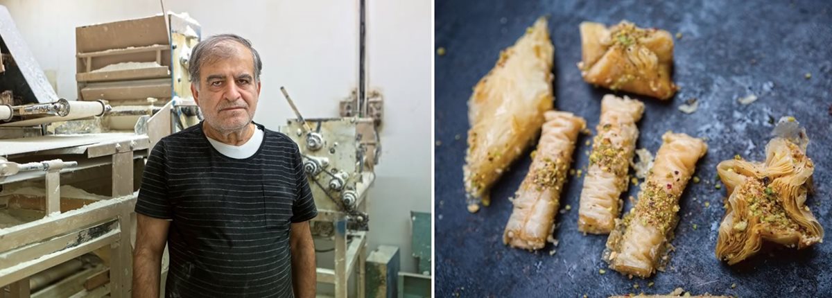 Joseph Azzi, owner of Le Cedre du Liban (Cedar of Lebanon) bakery, stands next to his 15-meter conveyor belt that enables him to produce seemingly endless amounts of pastries and breads that he ships across France.