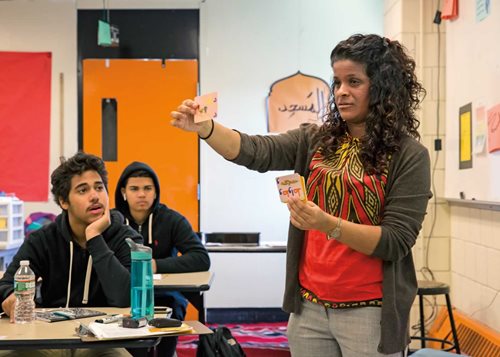 Arabic is a skill in itself and “a great avenue for giving students a real experience in cross-cultural communication,” says Richard Cozzens, <i>top,</i> program director of the decade-old annual Arabic Summer Academy in Boston's Charlestown High School. “The focus is on learning and connecting, and on building a community.” Sarah Rangwala, <i>above,</i> teaches Arabic at Charlestown High School as well as at the Arabic Summer Academy.