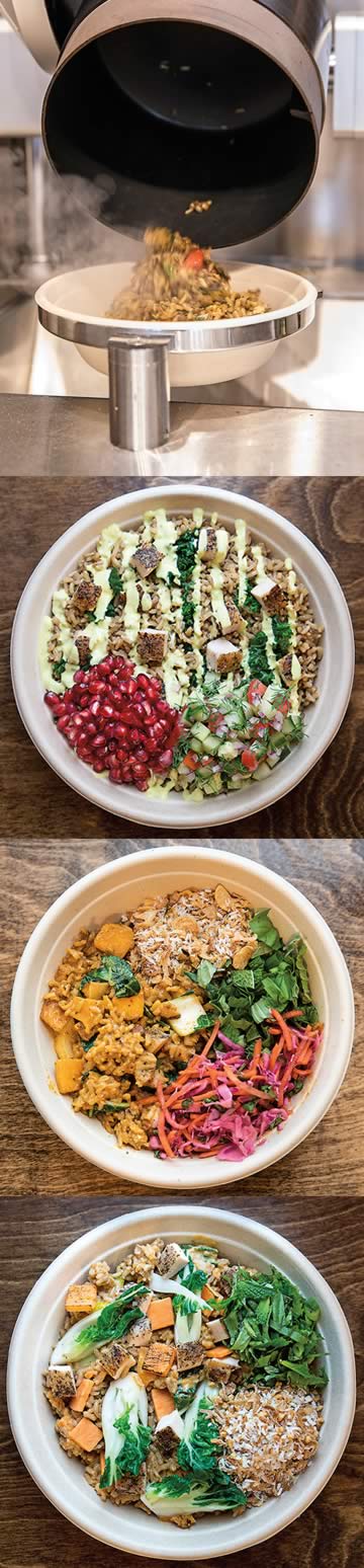 After cooking, the robotic wok tips the meal into a bowl, ready for garnishing. Ready to eat are the chicken and rice bowl, and two variations of the Thai bowl.