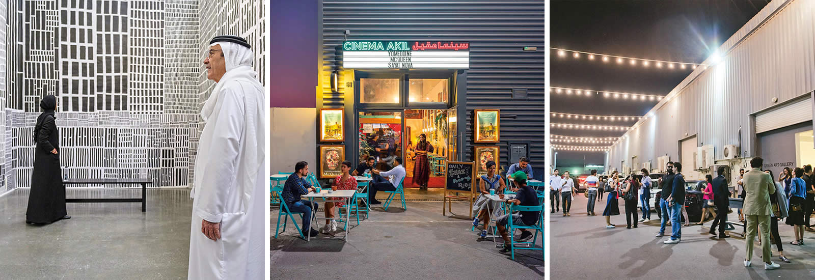 Contemporary art by Mohamed Ahmed Ibrahim at the Lawrie Shabibi gallery. People gather at tables outside the arthouse Cinema Akil. Industrial-scale doors open up along one of Alserkal’s gallery alleys. 