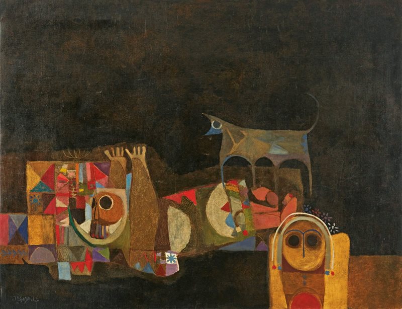 Dia al-Azzawi (Iraq), &ldquo;A Wolf Howls: Memories of a Port,&rdquo; 1968, oil on canvas, 84 x 104 cm.&nbsp;