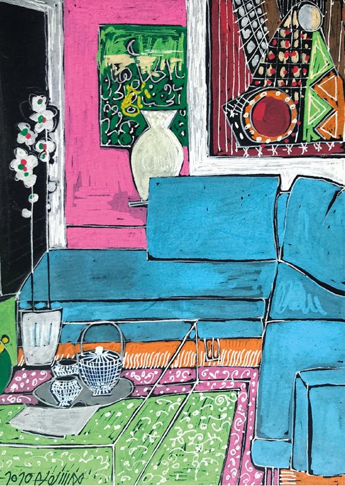 Maysaloun Faraj, “Home 4”, Home Series, Covid-19 Lockdown Week 1, acrylic on paper, 24 x 18 cm.