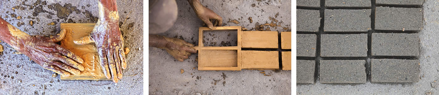 Brickmaking in Tozeur begins with a mix of clay and sandy soil that soaks for some 12 hours before being pressed into a rectangular mold. The ground below and the tops of the damp bricks are sprinkled with ash to absorb moisture, drying in the open air for hours to days depending on the weather.