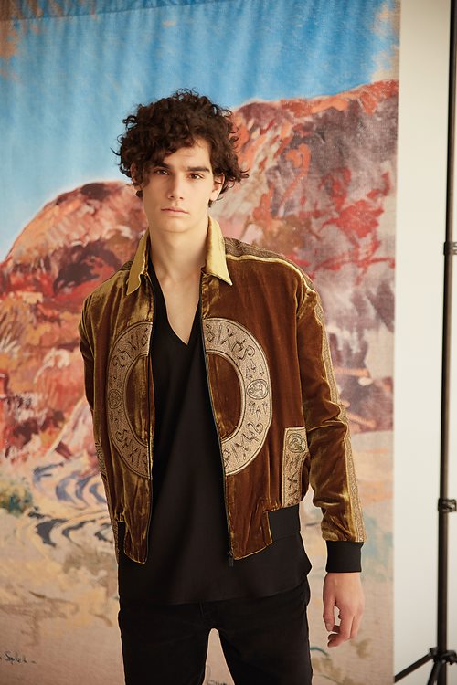 Gold Silk Velvet Nabatean Tapestry Jacket.