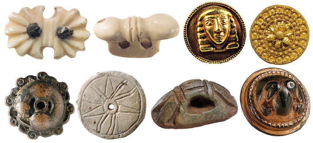 <strong>Above, top row, left to right</strong> People in other regions later produced ornamental buttons, too: Both of these carved, polished shell buttons were likely used on harnesses between the ninth and seventh centuries <span class="smallcaps">bce</span> in Assyria; a button of gold with a male face relief was made between the eighth and seventh centuries <span class="smallcaps">bce</span> and found in Megara, Greece; a finely tooled gold disc dates to a sixth-century-<span class="smallcaps">bce</span> Etruscan site.<br />
<br />
<b>Second row</b> This cast bronze button is of Mongolian origin, from the fifth to third century <span class="smallcaps">bce</span>; a simple Phoenician shell button was made from the eighth to second century <span class="smallcaps">bce</span>; the flat side of this lumpy faience button makes it possible it served also as a seal in Egypt between the sixth and first century <span class="smallcaps">bce</span>; from northern China, this button was made of gilt cast bronze between the first century <span class="smallcaps">bce</span> and first century <span class="smallcaps"><span class="smallcaps">ce</span></span>.