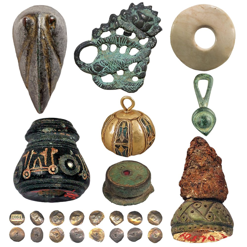 <p><strong>Above, top row</strong> Also from China comes a cast bronze button adornment, from the Han dynasty, made between the second century <span class="smallcaps">bce</span> and second century <span class="smallcaps"><span class="smallcaps">ce</span></span>; also of bronze, an openwork ornament found in Korea was made between the first century <span class="smallcaps">bce</span> and the ninth century <span class="smallcaps"><span class="smallcaps">ce</span></span>; a polished shell-disc button from Sasanid Persia, dated from the third to seventh century <span class="smallcaps"><span class="smallcaps">ce</span></span> and, shown under it, an English Roman loop fastener of copper from the first or second century <span class="smallcaps"><span class="smallcaps">ce</span></span>.<br />
<b style="font-family: inherit; font-size: inherit;">Second row</b><span style="font-family: inherit; font-size: inherit; font-weight: inherit;"> With a dot-in-circle design, a Sasanian button dates from the eighth to 10th century </span><span class="smallcaps" style="font-family: inherit; font-size: inherit; font-weight: inherit;"><span class="smallcaps">ce</span></span><span style="font-family: inherit; font-size: inherit; font-weight: inherit;">; a spherical cloissonne enamel and gold button comes from 10th-century </span><span class="smallcaps" style="font-family: inherit; font-size: inherit; font-weight: inherit;"><span class="smallcaps">ce</span></span><span style="font-family: inherit; font-size: inherit; font-weight: inherit;"> Byzantine Bulgaria; a flat-ended bronze button from seventh-century </span><span class="smallcaps" style="font-family: inherit; font-size: inherit; font-weight: inherit;">ce</span><span style="font-family: inherit; font-size: inherit; font-weight: inherit;"> northern France; a button or bead from ninth- or 10th-century </span><span class="smallcaps" style="font-family: inherit; font-size: inherit; font-weight: inherit;">ce</span><span style="font-family: inherit; font-size: inherit; font-weight: inherit;"> Nishapur is made of bone.</span><br />
<b>Lower left</b> A set of 16 small buttons, cut and hammered in Afghanistan from debased gold in the late second century <span class="smallcaps">ce</span>.</p>
