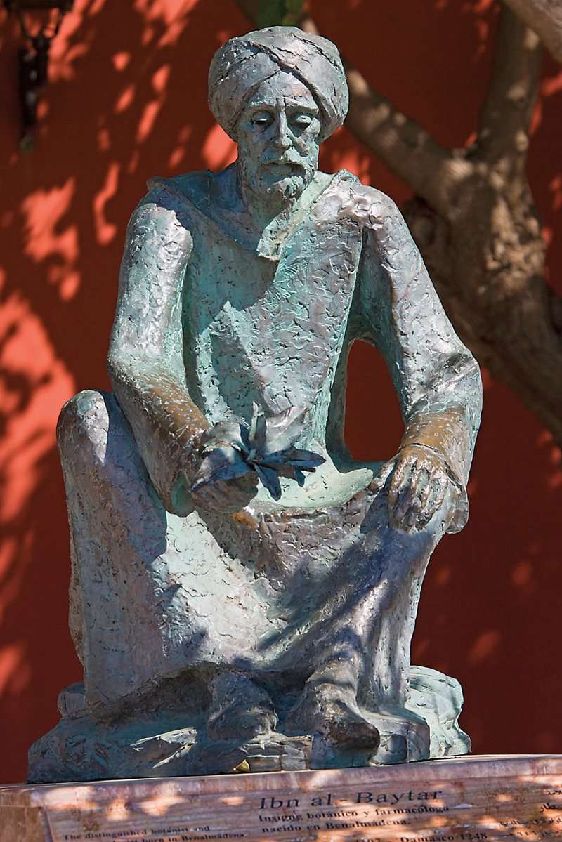 A statue near Malaga, Spain, commemorates botanist and pharmacologist Ibn al-Baytar of Damascus, who in the 13th century researched 1,400 foods, plants, drugs and their uses, including essential oils.