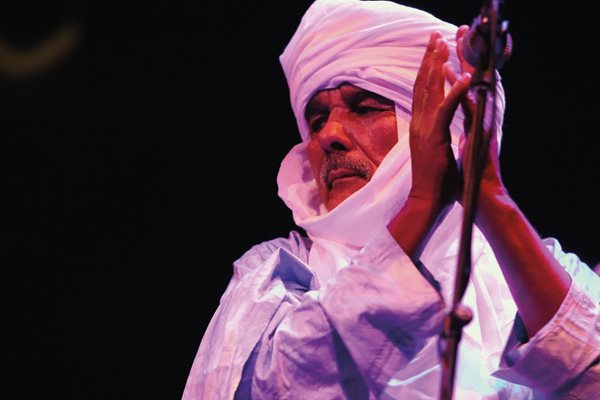 Joining Alhabib in Austin, Texas, on the 2019 tour were fellow long-time members Abdallah Ag Alhousseyni, left, and Hassan Ag Touhami, lower.