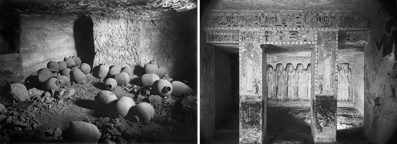 Similarly, at <strong>left</strong>, light rakes pottery vessels in this 1921 photo of the Begrawia Pyramid N 17, giving depth and detail to the space. <strong>right</strong> Creating his own light source for the background, this photo from 1927 in Giza&mdash;where Reisner did most of his excavations&mdash;shows evenly lit detail on two planes in the subterranean chapel of Queen Meresankh III.