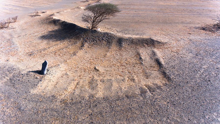 Weathered and leaning as if to point direction as well as mark distance, milestone 41 lies along a portion of the caravan route that was abandoned almost 1,000 years ago in favor of a path closer to the coast. This, Alkadi observes, appears to have resulted in the preservation of a greater percentage of milestones than have been found to date on other parts of the route. 