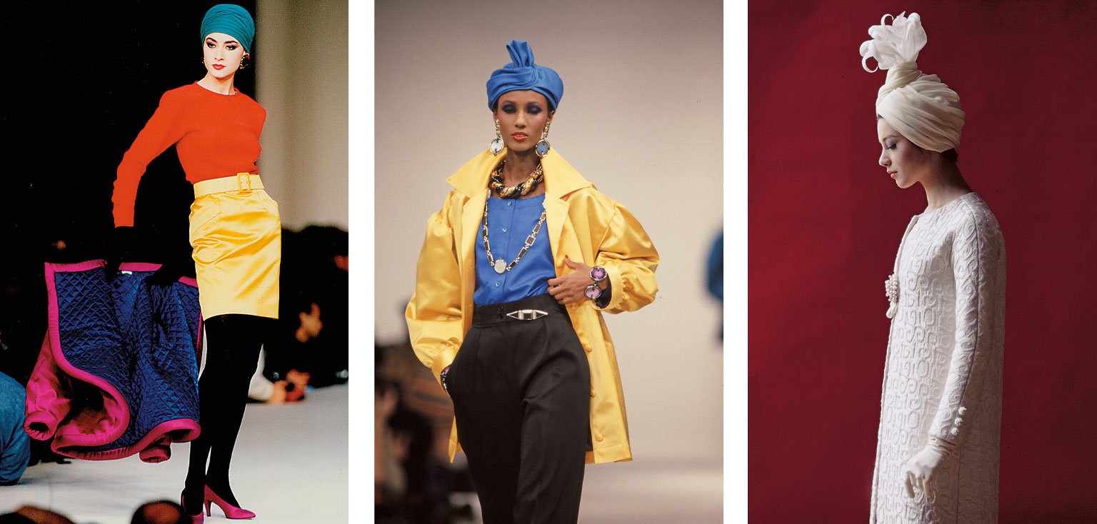 Left to right His uses of block colors, such as this trio of primary colors from 1987, was influenced in part by his admiration for modernist painter Piet Mondrian; Somali-born Iman Abdulmajid, shown here in 1984, was one of his favorite models; this turban and brocade coat were shown in 1962.