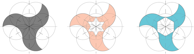 10, 11, 12: Solid, hexagon and hexagram variations of a finished pajarita motif that can be colored or cut out.