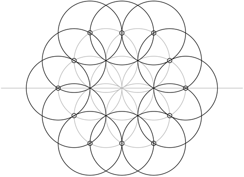 14. Add an expansion ring of circles, each Radius R1, using center points as shown.