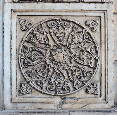 Interlacing amplifies a sense of movement in this marble relief carved in the 14th century CE at the entrance of the mosque-masdrasa of Sultan Hassan in Cairo.