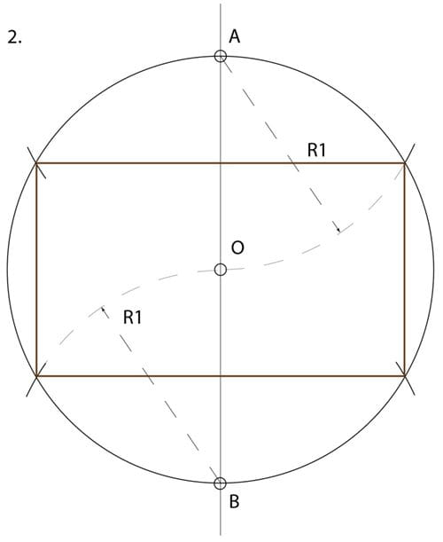 2. Without changing the compass radius, and with the compass needle anchored at point A then point B, make 4 additional divisions of the circle. This will create our “harmonic” proportioning rectangle with the special ratio of 1:√3. This will form the fundamental repeat module for our design.