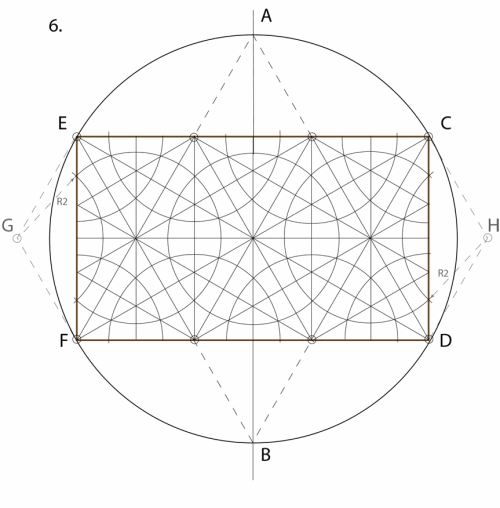 6. Arrange the proportioning circles with radius R2 evenly as above across our rectangular module. Note that two centers of the proportioning circle, G and H, are outside of the frame of our rectangular module.