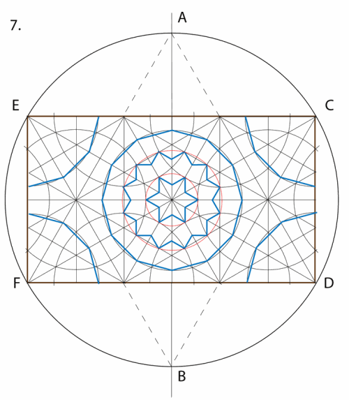 7. First lightly outline the 6- and 12-pointed star motifs in the center, as above. Then, with a bolder line, or colored pencil, start to outline the overlapping dodecagons and quarter dodecagons.