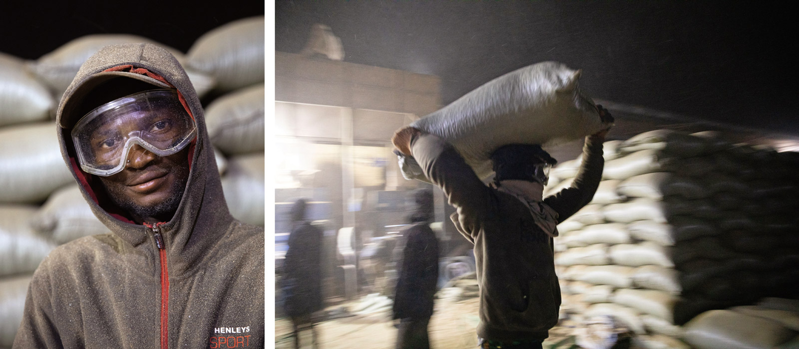 On the other side of the Gambia River, at the NFSPMC depot in Barra,  groundnut shelling takes place at night, when the dust from the shells least disturbs surrounding communities. Workers cover themselves to protect against the dust as they bag and carry what may be destined for human consumption, animal feed, fertilizer or processing into oil.