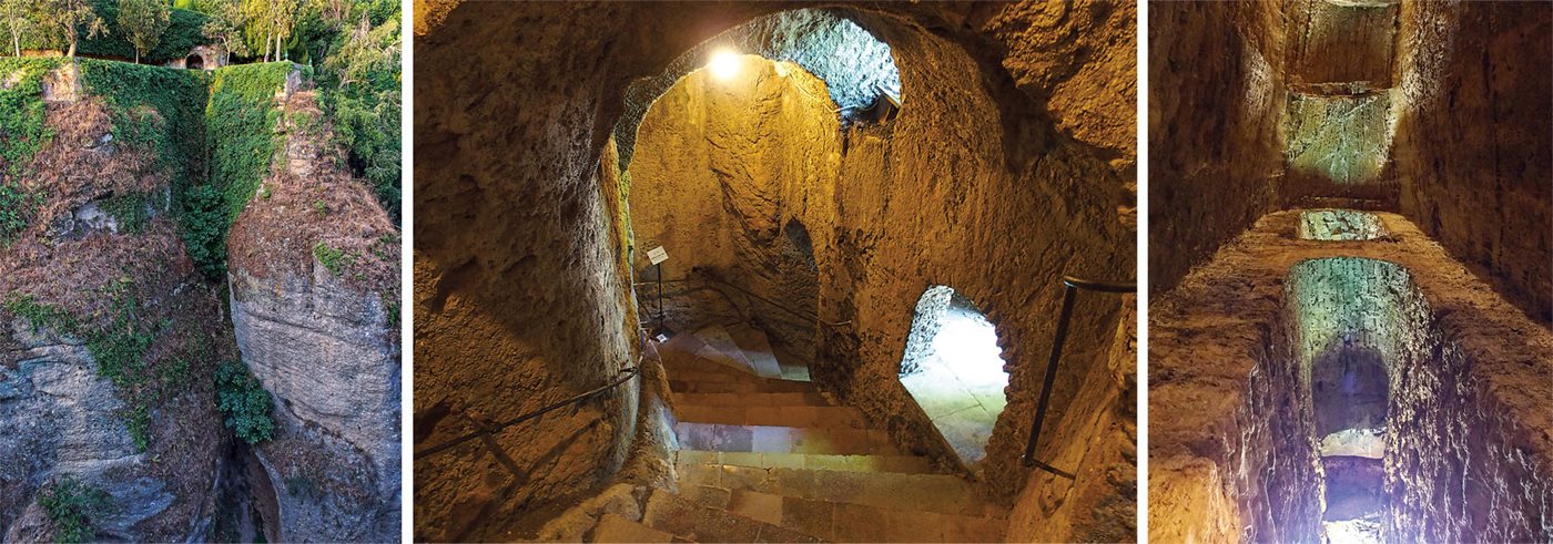 left Viewed from across the Tajo, the vaulted entrance to the water mine, open to the public since the 1990s, is now clearly visible. What stood to conceal it when Ronda's Almohad rulers constructed it as a military secret in the 12th century is just one of the questions that endure today. center There are 231 steps that lie between the well and the entrance, up which slaves carried water in goatskins whenever the mine was put to use. The passageway snakes through rough, damp, lime-encrusted walls, once illuminated only by strategically designed windows and, right, skylighting from this high gallery.