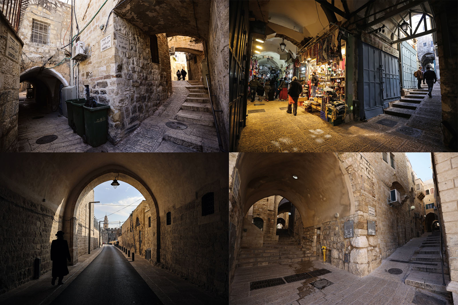 clockwise from top left Churches St. meets al-Jabsha St. in what maps label the Christian Quarter; Suq Khan al-Zeit meets al-Khanqa St. in the Muslim Quarter; Armenian Orthodox Patriarch Rd. lies in the Armenian Quarter; and Shonei Halakhot St. meets Misgav Ladakh in the Jewish Quarter.