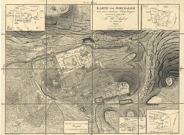 The first map of Jerusalem based on field measurements was published in 1818 by Franz Wilhelm Sieber. Only the Jewish neighborhood is defined—Judenstadt, which appears near the center of the map.