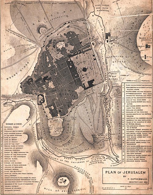 In 1835, British explorer and architect Frederick Catherwood drew this map, oriented to the north. Much like Sieber’s, it notes only a “Jews Quarter.”