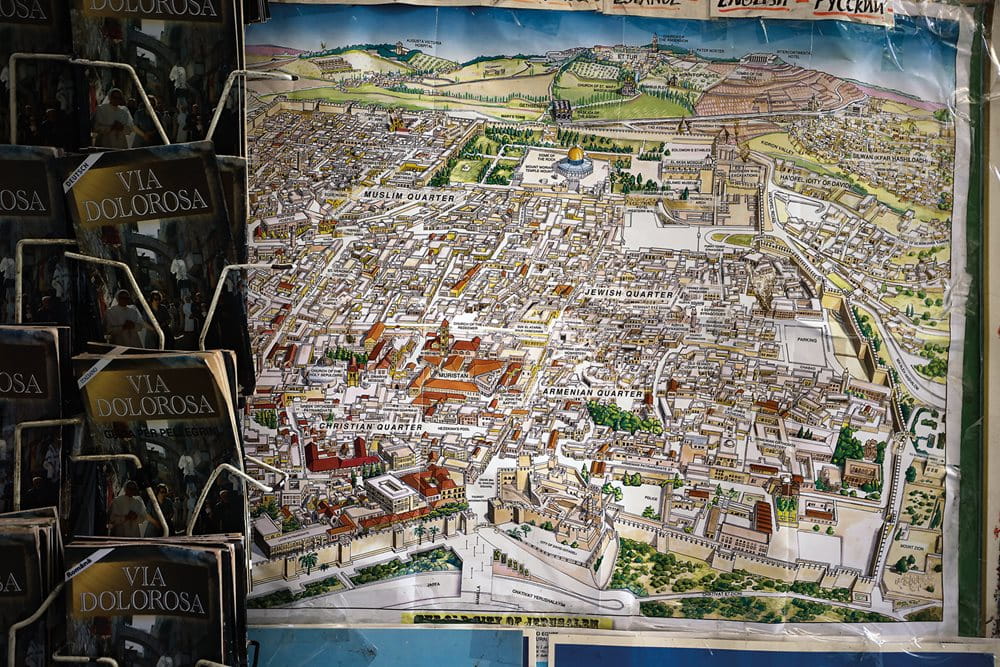 <br>
Following its introduction by Williams in 1849, the idea of “four quarters” took hold in outsiders’ imaginations, and it became a standard feature of maps of the city up to our own time, including this poster-size illustrated map for sale in the city to tourists.