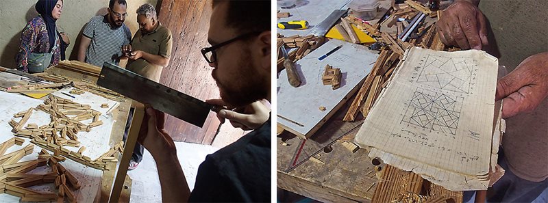 Abu Zayd, left, shows a piece of joinery to visitors while Abdelrahman Aboulfadi, apprentice and recent graduate of Cairo’s Jameel School of Traditional Arts, prepares another piece of what will become one of the minbar’s restored side panels. Right Abu Zayd’s plans come from his study of photographs of the original minbars—when available–and five generations of family craft.