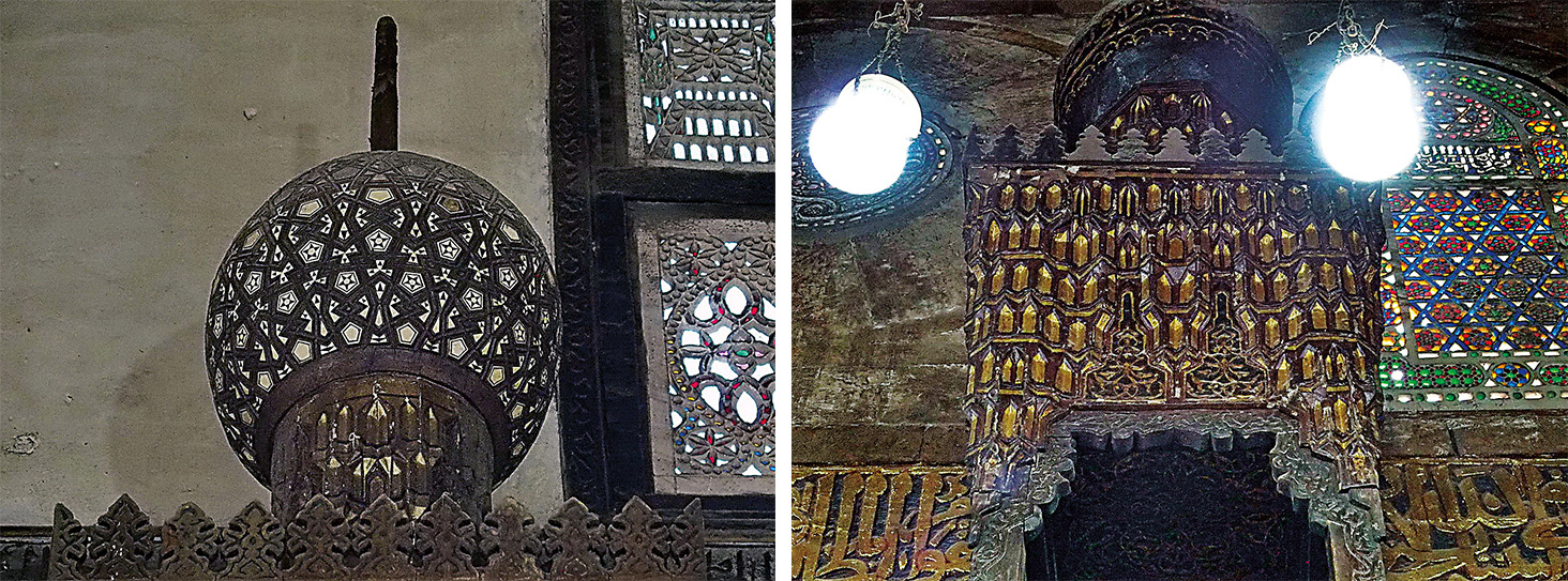 Every element of the minbars is ornamented. Many have at their top a crown-like globe, such as this at left from the Mosque-Madrasa of El-Ghuri, where the patterns are carved on the spherical surface.
At the top of the steps, the platform where the imam stands to speak is often covered with a cupola of stalactite-like muqarnas, such as this one right from the Mosque of Amir Qimas al-Ishaqi, built between 1479 and 1482.